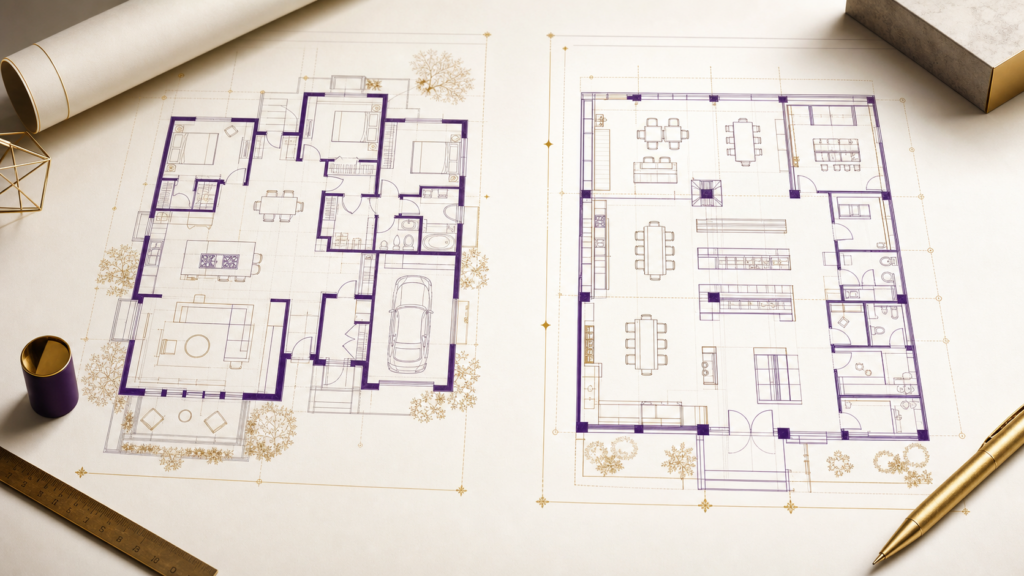Two architectural blueprints side by side — one residential, one commercial — featured image for Teachers' Path post on why teachers benefit from a specialist advisor