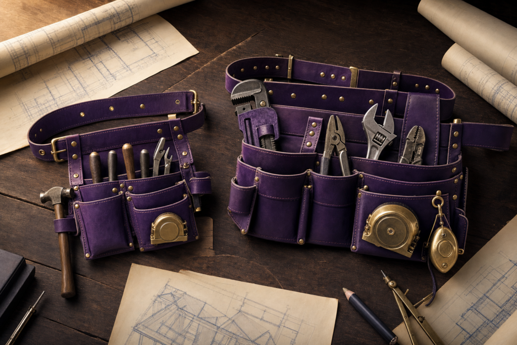 Two leather tool belts on a dark wood workbench, one residential and one commercial, with abstract architectural blueprints — featured image for Teachers' Path post on why generic financial planning advice often misses for teachers