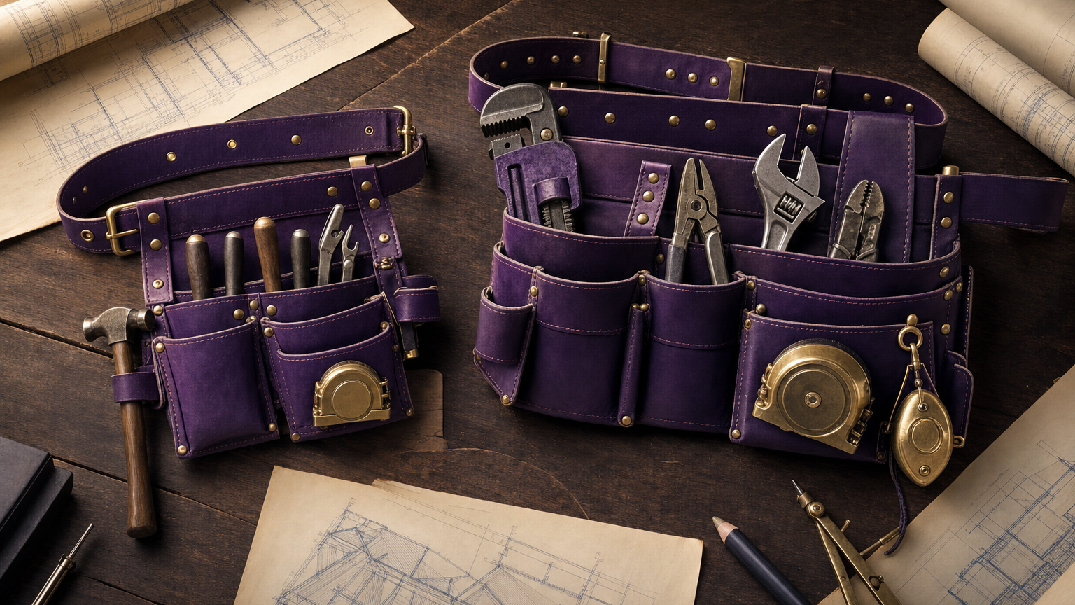 Two leather tool belts on a dark wood workbench, one residential and one commercial, with abstract architectural blueprints — featured image for Teachers' Path post on why generic financial planning advice often misses for teachers