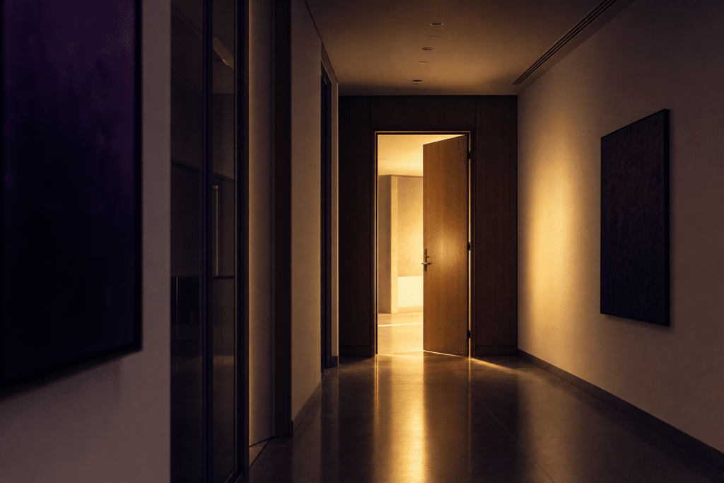 File: boutique-firms-put-you-first-featured.png Alt text: Open door at the end of a quiet corridor with warm light beyond — featured image for Teachers' Path post on advisor independence